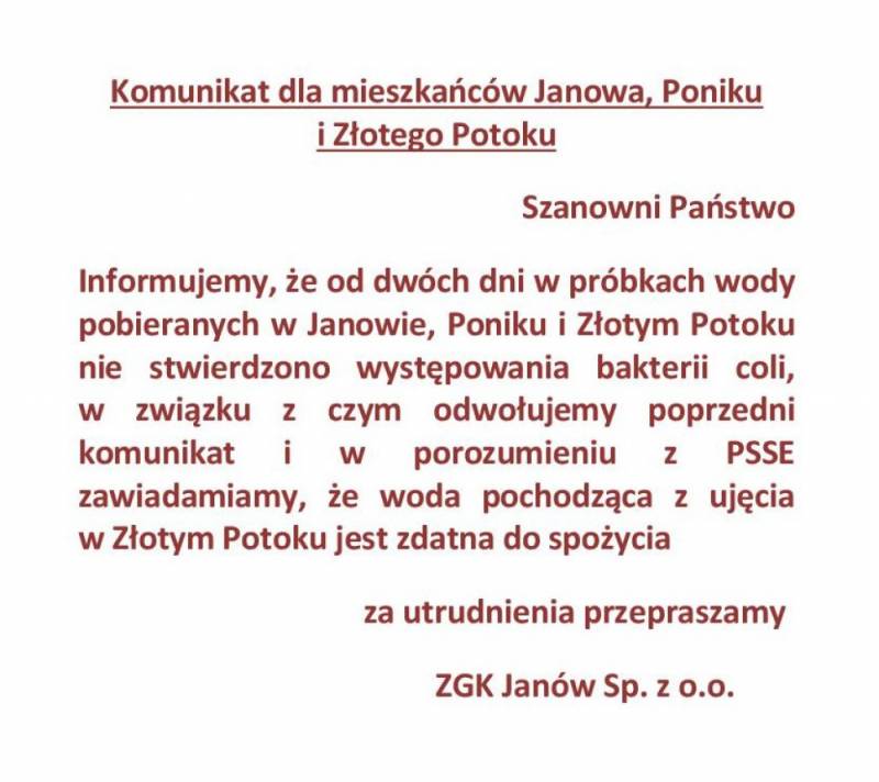 Zdjęcie: komunikat dla mieszkańców Janowa, Poniku i Złotego ...